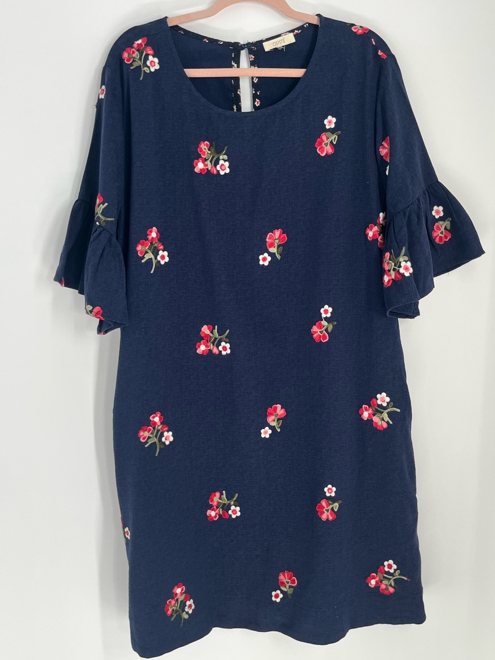 Oddy Boutique Embroidered Floral Dress Bell Sleeve Pockets Women 1X Navy